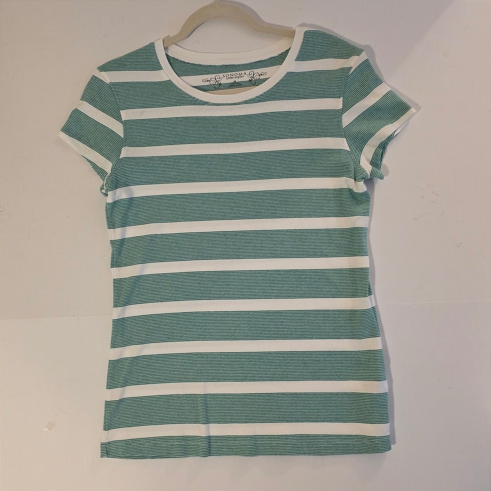 Sonoma Women's Green White Striped Short Sleeve Cotton T-Shirt Medium EUC